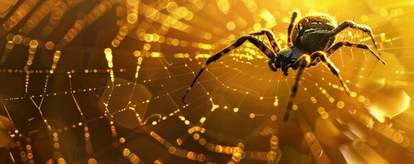 Spider on a web illuminated by golden light, macro photography. Natural wildlife and intricate web design concept