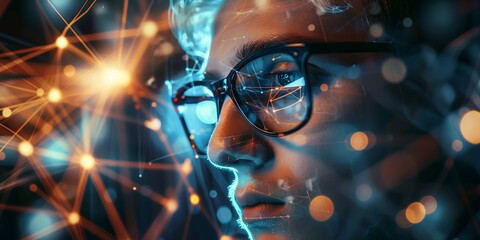 Canvas Print - View to man face with glasses on glowing connections, neural networks background. 