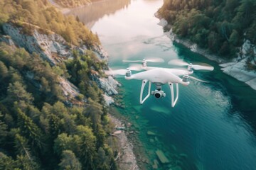 Wall Mural - A drone flies over a picturesque river winding through a verdant forest, showcasing the stunning aerial photography capabilities of modern drones. Generative AI