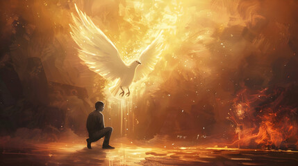 Wall Mural - Pentecost concept art. Glowing white dove of the holy spirit descending upon a young christian man. Man on his knees receiving the holy ghost symbolized by a white glowing dove of fire.