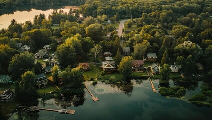 Wall Mural - Aerial view of a small town with lakes and forests, many houses, trees, green grass, a dock on a lake, sunset Generative AI