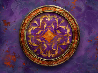 Wall Mural - Artistic Expression: Decorative Plate Displayed on a Vibrant Violet Background