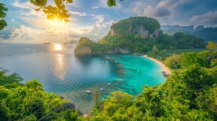 Tropical beach in Thailand, summer vacation. Island travel, blue skies. Sand and ocean views, lagoon bays. Paradise water, Krabi and Phuket. Green cliffs, Andaman rock formations.
