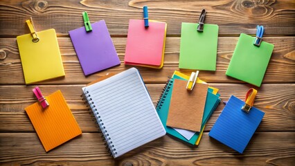 Colorful collection of blank name tables and notebooks on a wooden desk, symbolizing the start of a new semester, fresh beginnings, and academic pursuits.