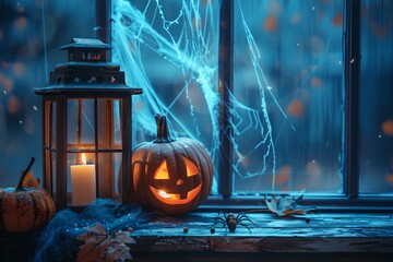 Halloween pumpkin with lantern and spider webs on windowsill. Halloween night scene with spooky atmosphere. Design for greeting card, invitation with copy space. Glowing jack o'lantern. Festive decora