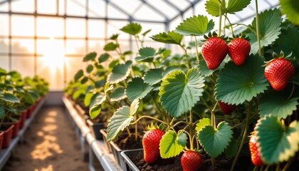 Wall Mural - strawberry plants in greenhouse with sunlight filtering through leaves