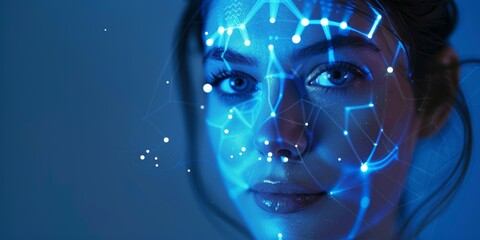 Wall Mural - A woman's face glows under blue light, overlaid with glowing white biometric pattern lines. Concept for big data, deep machine learning, artificial intelligence