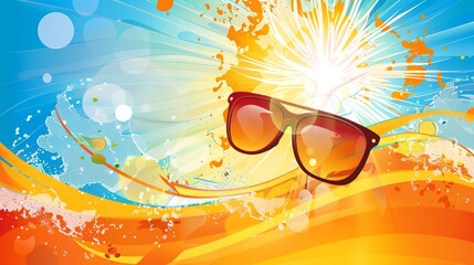 a pair of sunglasses on a colorful background with splashes