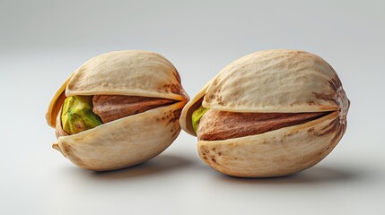 Close-up of two pistachios on white background, macro shot. Nut and healthy snack concept