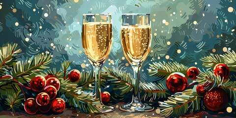 Wall Mural - A painting of two wine glasses filled with champagne on a Christmas tree. The wine glasses are surrounded by red berries and pine needles. The painting conveys a festive and celebratory mood