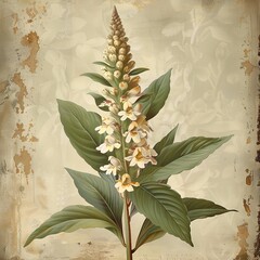 Wall Mural - A flower with a stem and leaves is shown in a painting. The painting has a vintage feel to it, and the flower is the main focus of the image