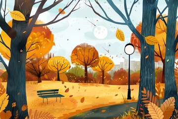 Wall Mural - A cartoon drawing of a park with a bench and a street light