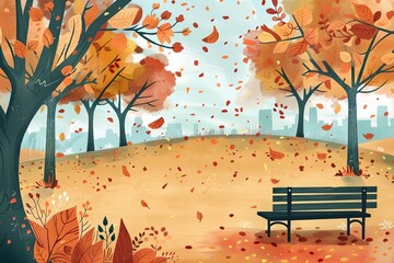 Wall Mural - A painting of a park with a bench and trees in autumn. The mood of the painting is peaceful and serene