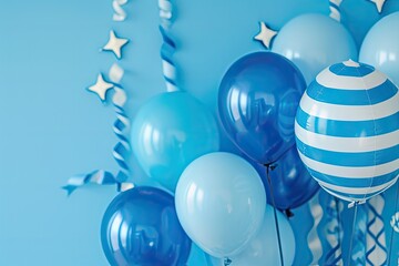 a bunch of balloons with blue and white stripes, a birthday background with a nautical or maritime theme