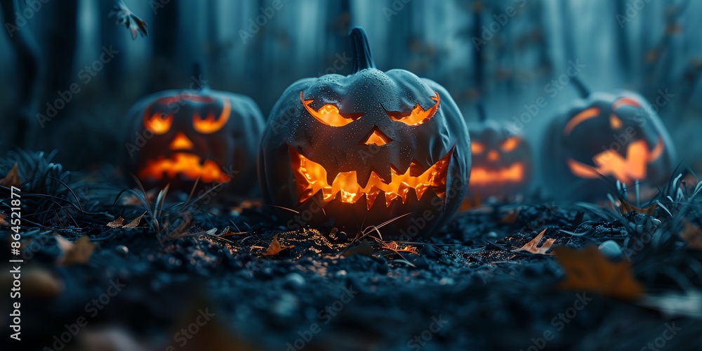 A group of pumpkins with their mouths open and eyes glowing in the dark ...