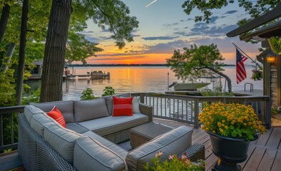 Wall Mural - Beautiful lakehouse with patio furniture overlooking the water at sunset includes an American flag and trees on both sides of the deck Generative AI