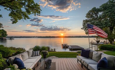 Wall Mural - A beautiful view of lake from the deck, overlooking an American flag and boats in distance A comfortable seating area on one side features white cushions and navy blue accents for warmth Generative AI