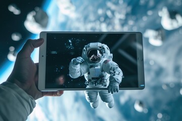 Leinwandbilder - a person holding a cell phone in their hand, floating tablet displaying live streaming of an outer space exploration