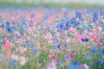 a field of flowers with a sky background, grainy gradient showcasing the range of colors found in a field of spring flowers