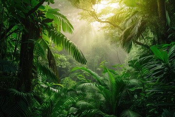 Poster - a forest with trees and plants in the sunlight, lush, tropical rainforest in Costa Rica bursting with wildlife