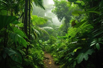 Poster - a forest with trees and plants in the sunlight, lush, tropical rainforest in Costa Rica bursting with wildlife