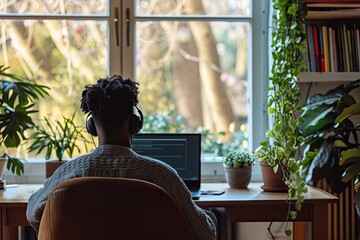 Aufkleber - a man sitting at a desk with a laptop, image depicting a student attentively watching an online lecture on a laptop in a serene home environment