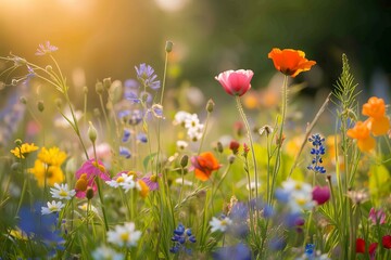 Poster - a field of flowers with the sun shining through the sky, Beautiful assortment of wildflowers in a sun-bathed meadow