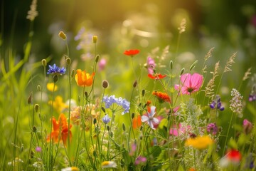 Poster - a field of flowers with the sun shining through the sky, Beautiful assortment of wildflowers in a sun-bathed meadow
