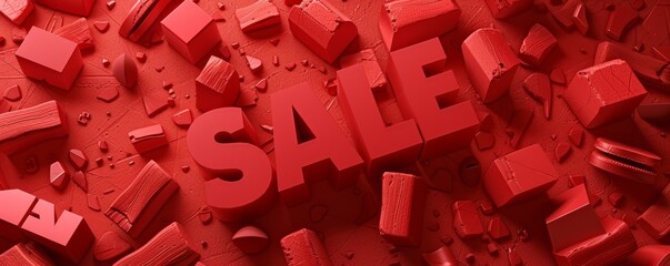 Red sale sign with abstract geometric shapes, 3d illustration. Marketing and commerce concept