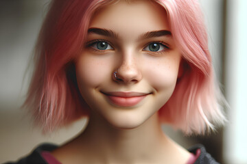 portrait of a smiling teenage girl with pink hair and nose piercing