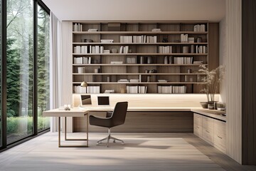 Wall Mural - a room with a desk, chair, and bookcase, minimalist home office with clean lines and modern furniture