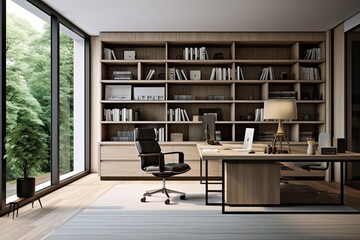 Poster - a room with a desk, chair, and bookcase, minimalist home office with clean lines and modern furniture