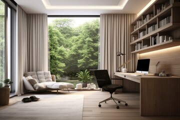 Wall Mural - a room with a desk, chair, and bookcase, minimalist home office with clean lines and modern furniture