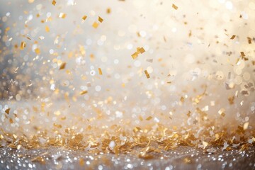 Wall Mural - a gold and silver glitter dust background, elegant gold and white confetti shower on a glittering surface