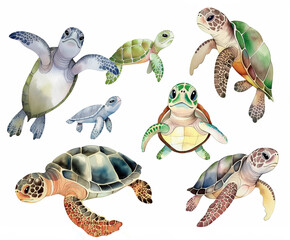 Wall Mural - Watercolor set of cute underwater turtles and algae for cute baby design