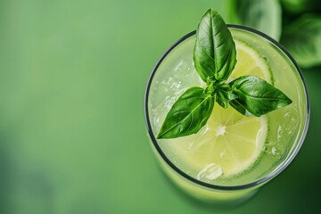 Wall Mural - Refreshing summer cocktail with basil and lemon on a green background