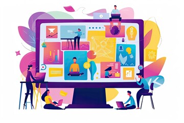 Leinwandbilder - people sitting at a table with laptops and computers, Illustration of remote team members participating in a virtual team-building activity