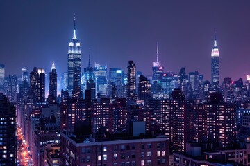 Poster - a city at night with a lot of lights, New York City skyline at night from a rooftop