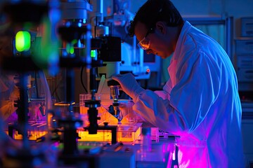 Poster - a man in a lab coat is looking at a microscope, Study the principles of spectroscopy