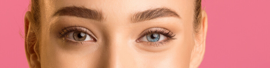 Wall Mural - A close-up portrait of a womans eyes, featuring natural-looking brown eyebrows and the right eye featuring a blue contact lens. The image is set against a soft pink background, panorama