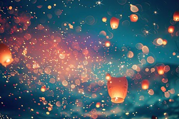 Wall Mural - a sky filled with lots of lights floating in the air, dreamy sky filled with glittering fireworks and glowing lanterns