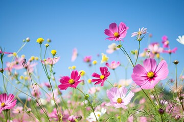 Poster - a field of flowers with a blue sky in the background, field of friendly flowers under a clear blue sky