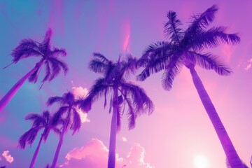 Wall Mural - purple blue sky with palm trees, tropical aesthetic generative ai