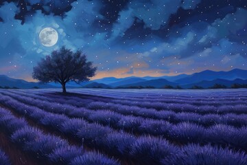 Poster - a field of lavender under a full moon, moonlit lavender field with a starry night sky