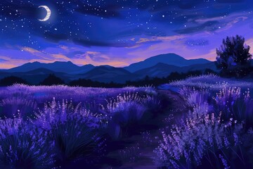 Poster - a field of lavender under a full moon, moonlit lavender field with a starry night sky