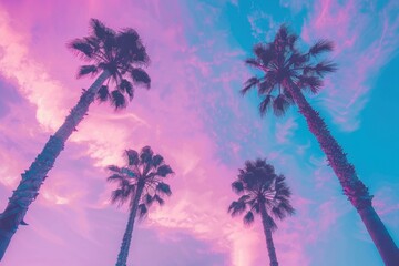 Wall Mural - purple and blue sky with palm trees dreamy wallpaper Generative AI