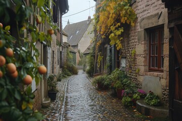 Wall Mural - a cobblestone street with a stone path between two buildings, narrow cobblestone street in a sleepy European village