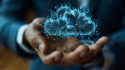 Businessman hand touching cloud button on display screen, Cloud data technology concept