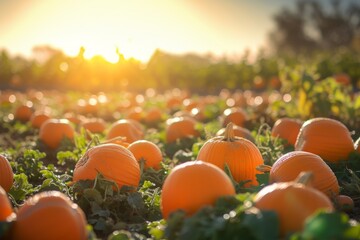 Poster - a field of oranges with the sun setting in the background, pumpkin patch glistening under the warm autumn sunlight