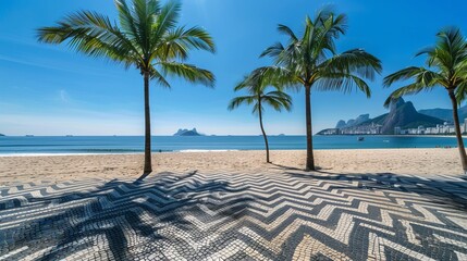 Scenic beach with palm trees and a patterned promenade on a sunny day. Tropical paradise captured in high resolution. Ideal for travel brochures, websites, and digital ads. AI